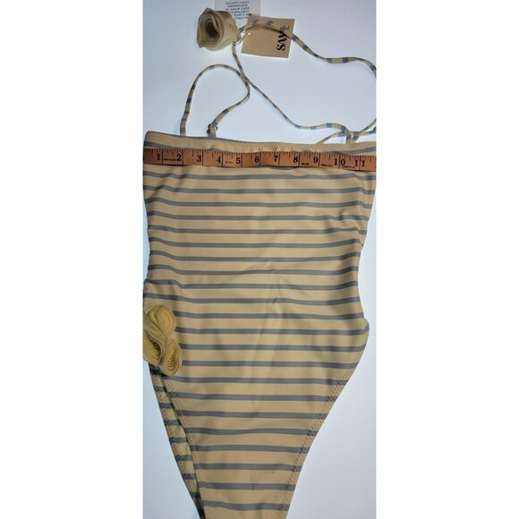 SAME LOS ANGELES One Piece Swimsuit Womens Stripped Sz Small Flower Beige Blue - Picture 5 of 10